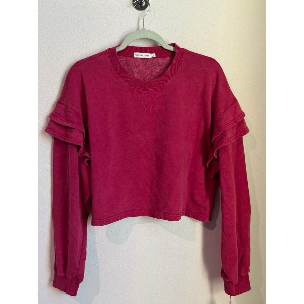 Avec Les Filles Berry Cropped Raw Hem Ruffe Sleeve Crewneck Sweater Large NWT!